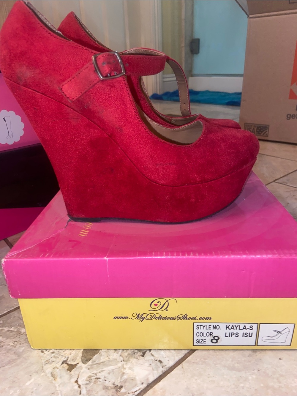 Kayla-S Red Suede Platform Wedge Mary Jane
